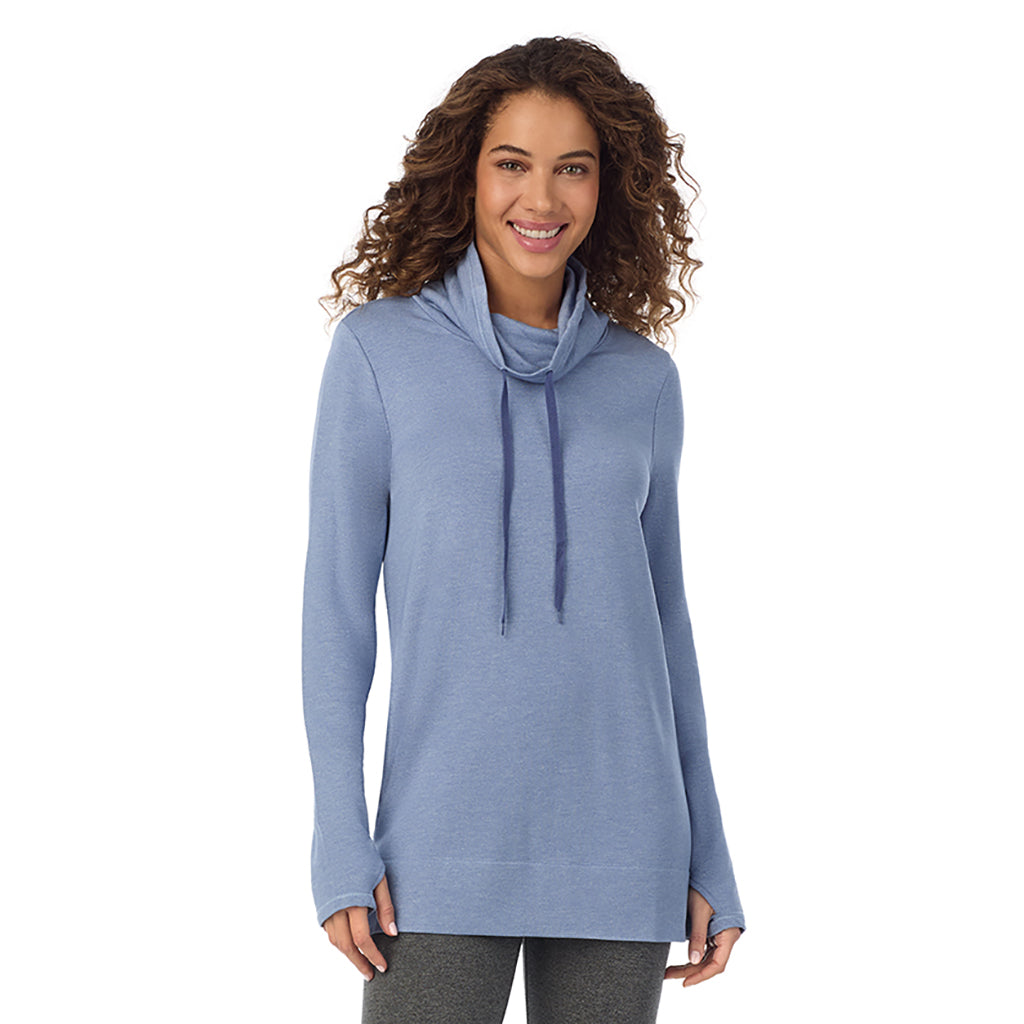  A Lady is wearing a Smoke Blue Heather Ultra Cozy Long Sleeve Cowl Neck Tunic