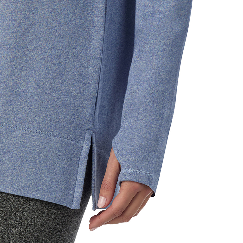 A Lady is wearing a Smoke Blue Heather Ultra Cozy Long Sleeve Cowl Neck Tunic
