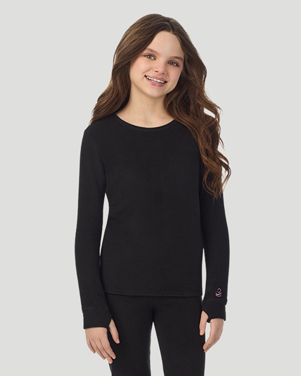 A Black Girls Fleecewear With Stretch 2 pc. Long Sleeve Crew & Legging Set in a front closer look