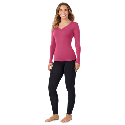 Very Berry; Model is wearing size S. She is 5'11.5", Bust 34", Waist 26", Hips 37". @A lady wearing very berry long sleeve v-neck tall softwear with stretch top.