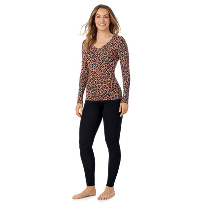 Taupe Leopard; Model is wearing size S. She is 5'11.5", Bust 34", Waist 26", Hips 37".@A lady wearing taupe leopard long sleeve  softwear with stretch v-neck.