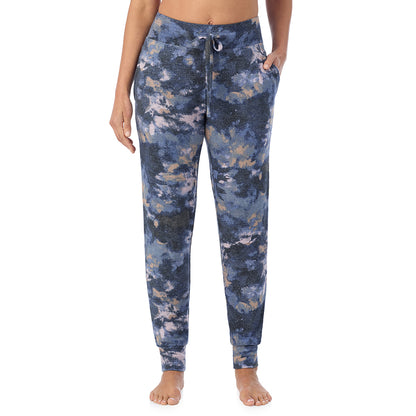 Multi Blue Texture; Model is wearing size S. She is 5'8", Bust 34", Waist 24.5", Hips 35".@ A Lady is wearing Multi Blue Texture Soft Knit Jogger