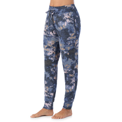 Multi Blue Texture; Model is wearing size S. She is 5'8", Bust 34", Waist 24.5", Hips 35".@ A Lady is wearing Multi Blue Texture Soft Knit Jogger