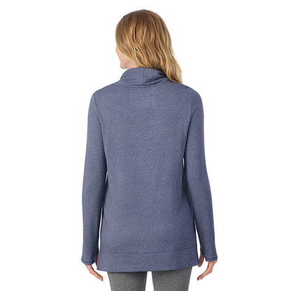 Twilight Blue Heather; Model is wearing size 1X. She is 5'11", Bust 36", Waist 36.5", Hips 47.5".@ A Lady is wearing a Ultra Cozy Long Sleeve Cowl Neck Tunic