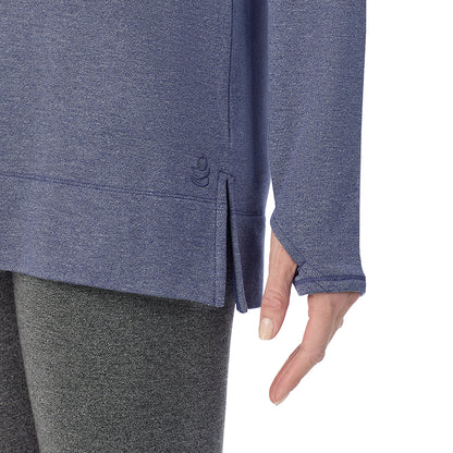 Twilight Blue Heather; Model is wearing size 1X. She is 5'11", Bust 36", Waist 36.5", Hips 47.5".@ A Lady is wearing a Ultra Cozy Long Sleeve Cowl Neck Tunic