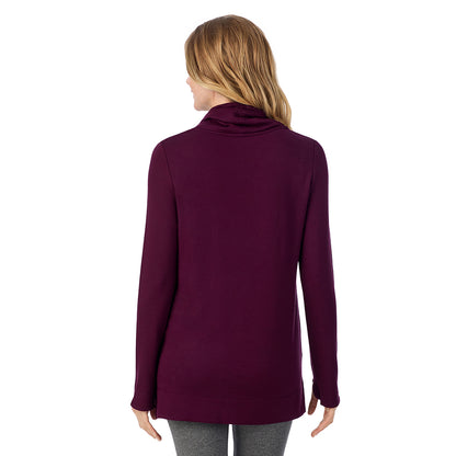 Dark Purple Heather; Model is wearing size 1X. She is 5'11", Bust 36", Waist 36.5", Hips 47.5".@ A Lady is wearing a Ultra Cozy Long Sleeve Cowl Neck Tunic