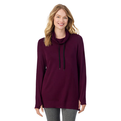 Dark Purple Heather; Model is wearing size 1X. She is 5'11", Bust 36", Waist 36.5", Hips 47.5".@ A Lady is wearing a Ultra Cozy Long Sleeve Cowl Neck Tunic