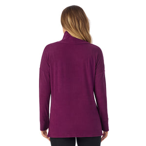  A Lady is wearing   Dark Purple Fleecewear With Stretch Long Sleeve Tunic!94% Recycled Polyester, 6% Spandex
