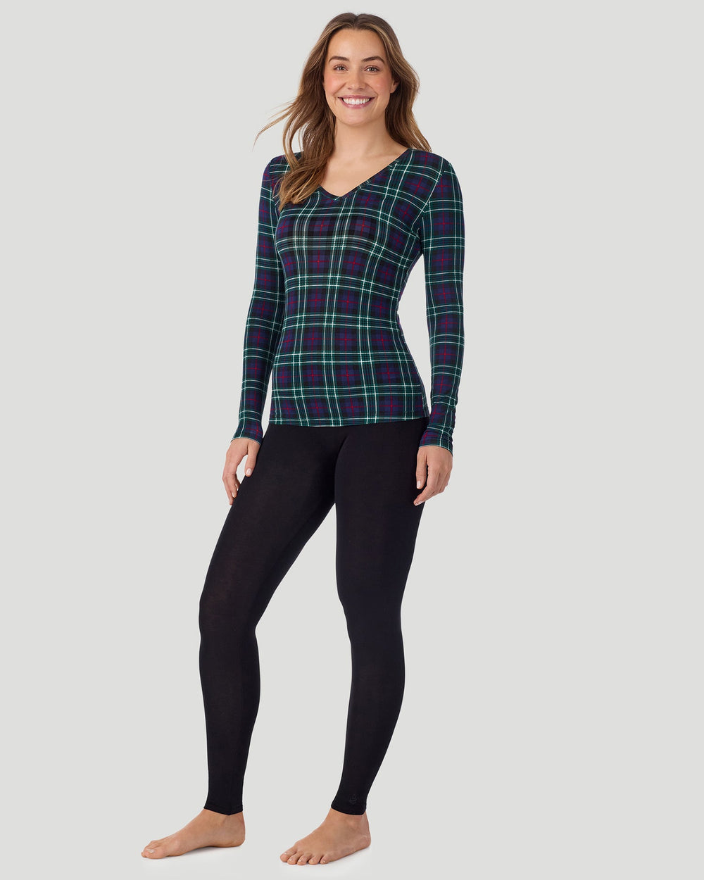 A lady wearing Blackwatch Plaid Softwear With Stretch Long Sleeve V-Neck in a front standing pose