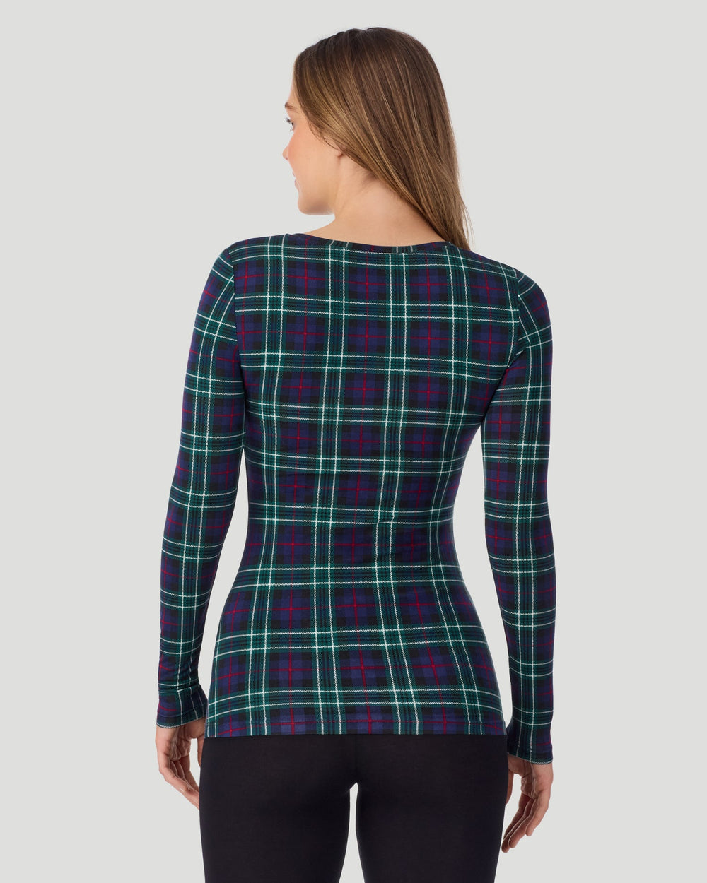 A lady wearing Blackwatch Plaid Softwear With Stretch Long Sleeve V-Neck in a back pose