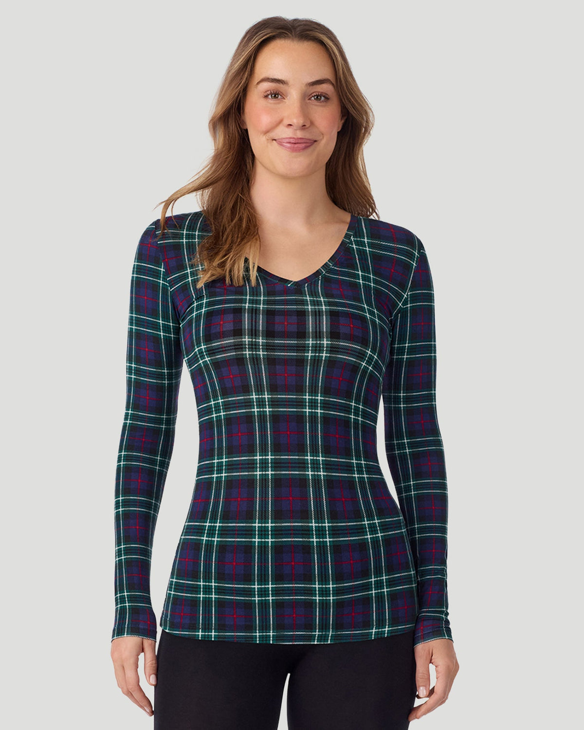 Blackwatch Plaid ;@A lady wearing Softwear With Stretch Long Sleeve V-Neck in Blackwatch Plaid 