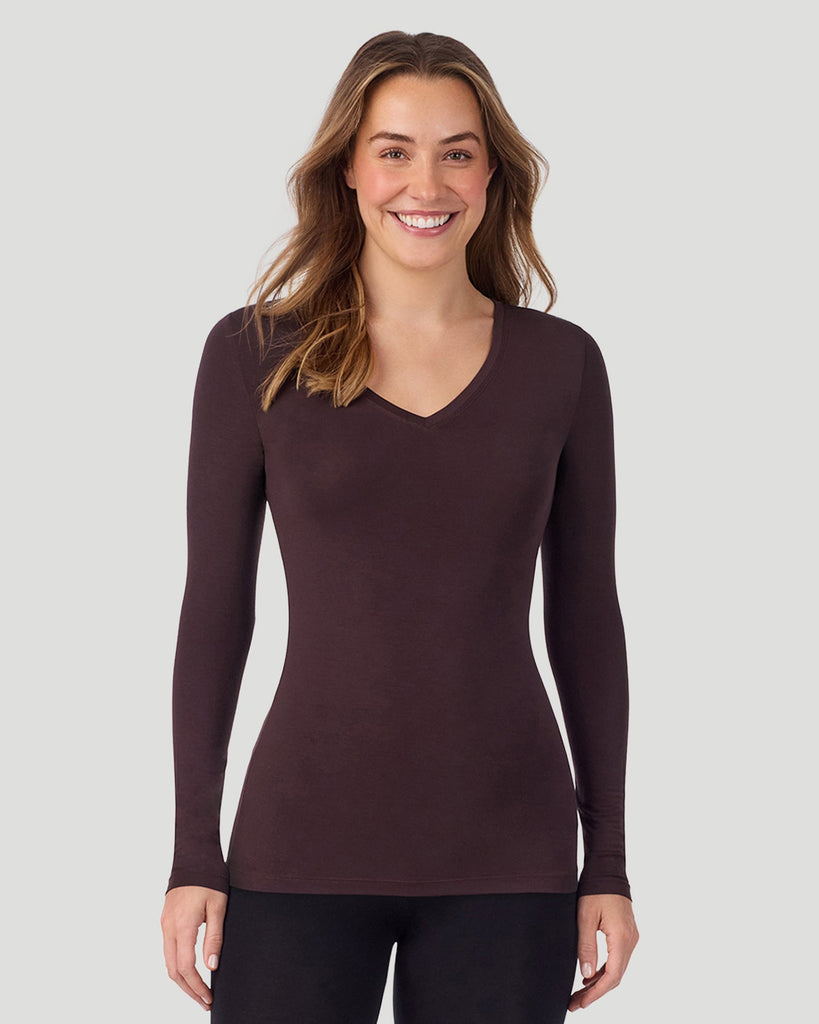 A lady wearing Mahogany Softwear With Stretch Long Sleeve V-Neck in a front pose