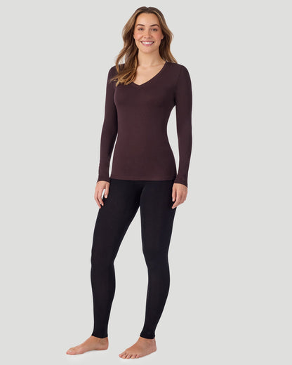 A lady wearing Softwear With Stretch Long Sleeve V-Neck in Mahogany