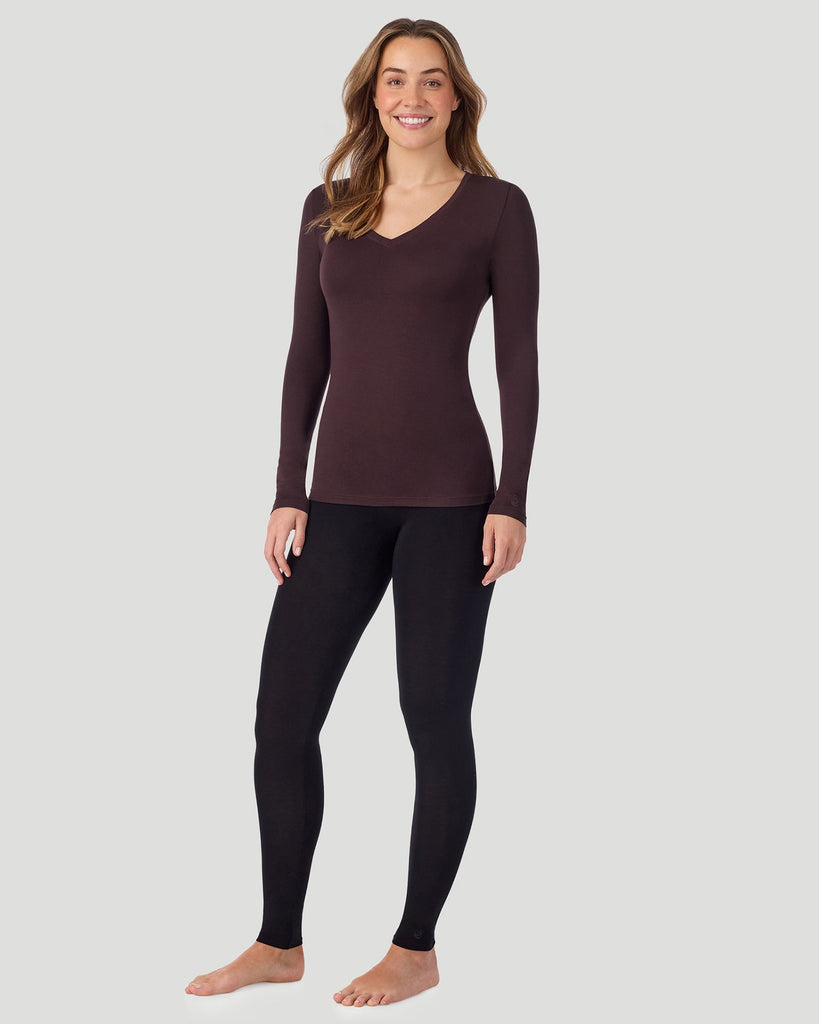 A lady wearing Mahogany Softwear With Stretch Long Sleeve V-Neck in a front standing pose