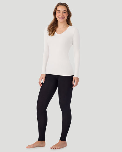 A lady wearing Softwear With Stretch Long Sleeve V-Neck in Oatmeal Heather