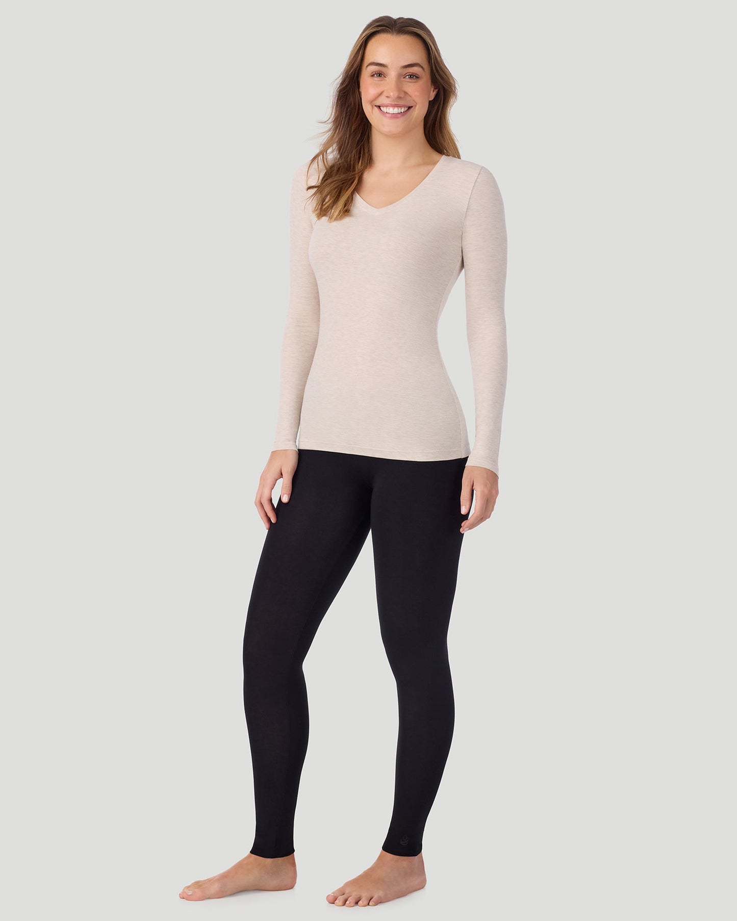 Oatmeal Heather;@A lady wearing Softwear With Stretch Long Sleeve V-Neck in Oatmeal Heather