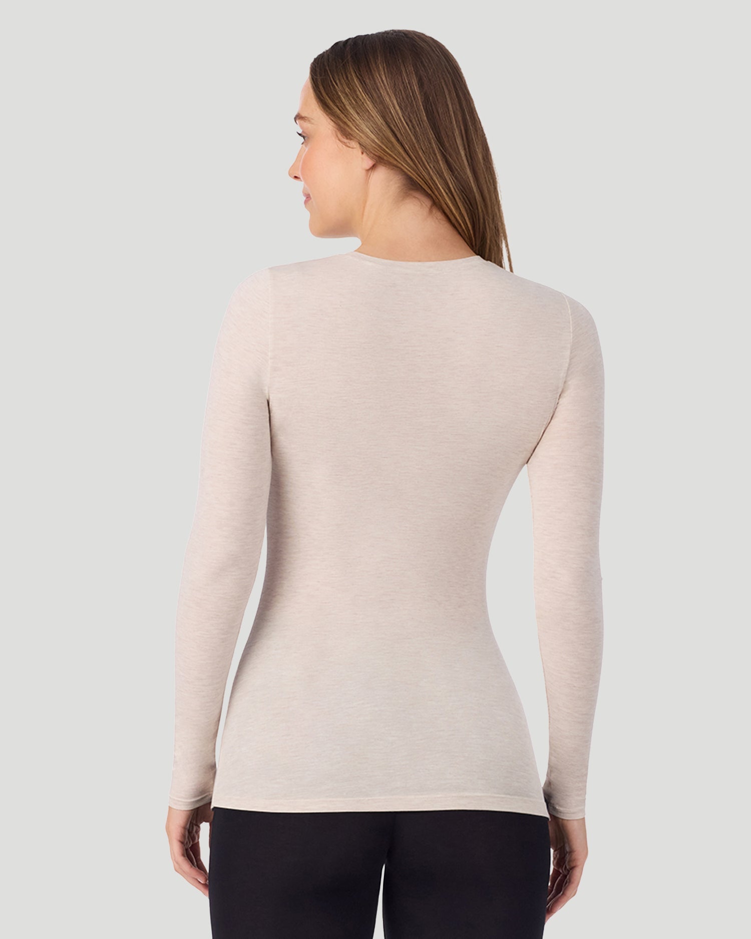 A lady wearing Softwear With Stretch Long Sleeve V-Neck in Oatmeal Heather