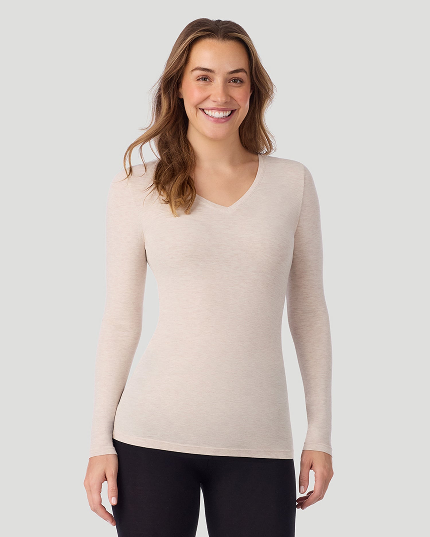 A lady wearing Softwear With Stretch Long Sleeve V-Neck in Oatmeal Heather