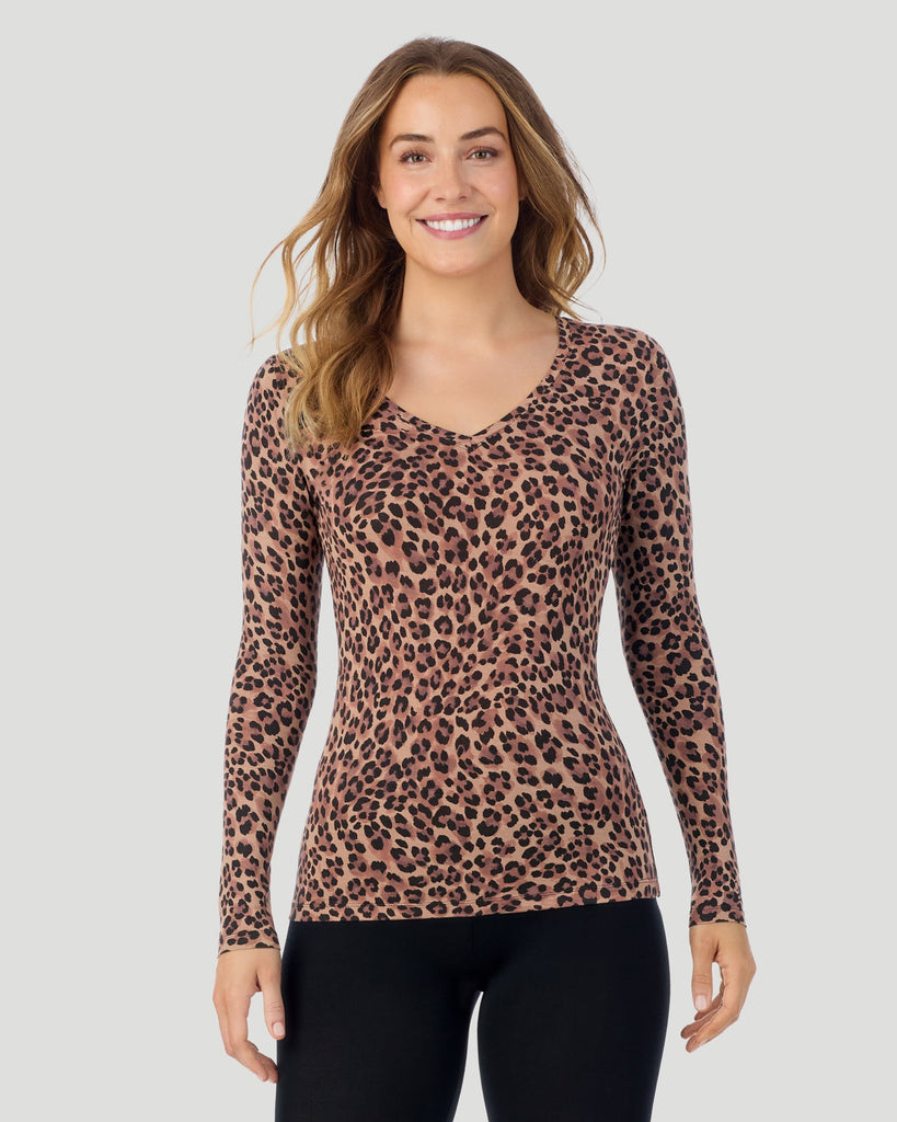 A lady wearing Taupe/Blk Leopard Softwear With Stretch Long Sleeve V-Neck in a front pose