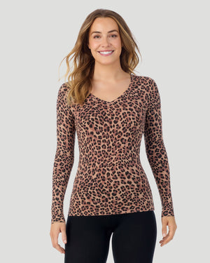A lady wearing Taupe/Blk Leopard Softwear With Stretch Long Sleeve V-Neck in a front pose