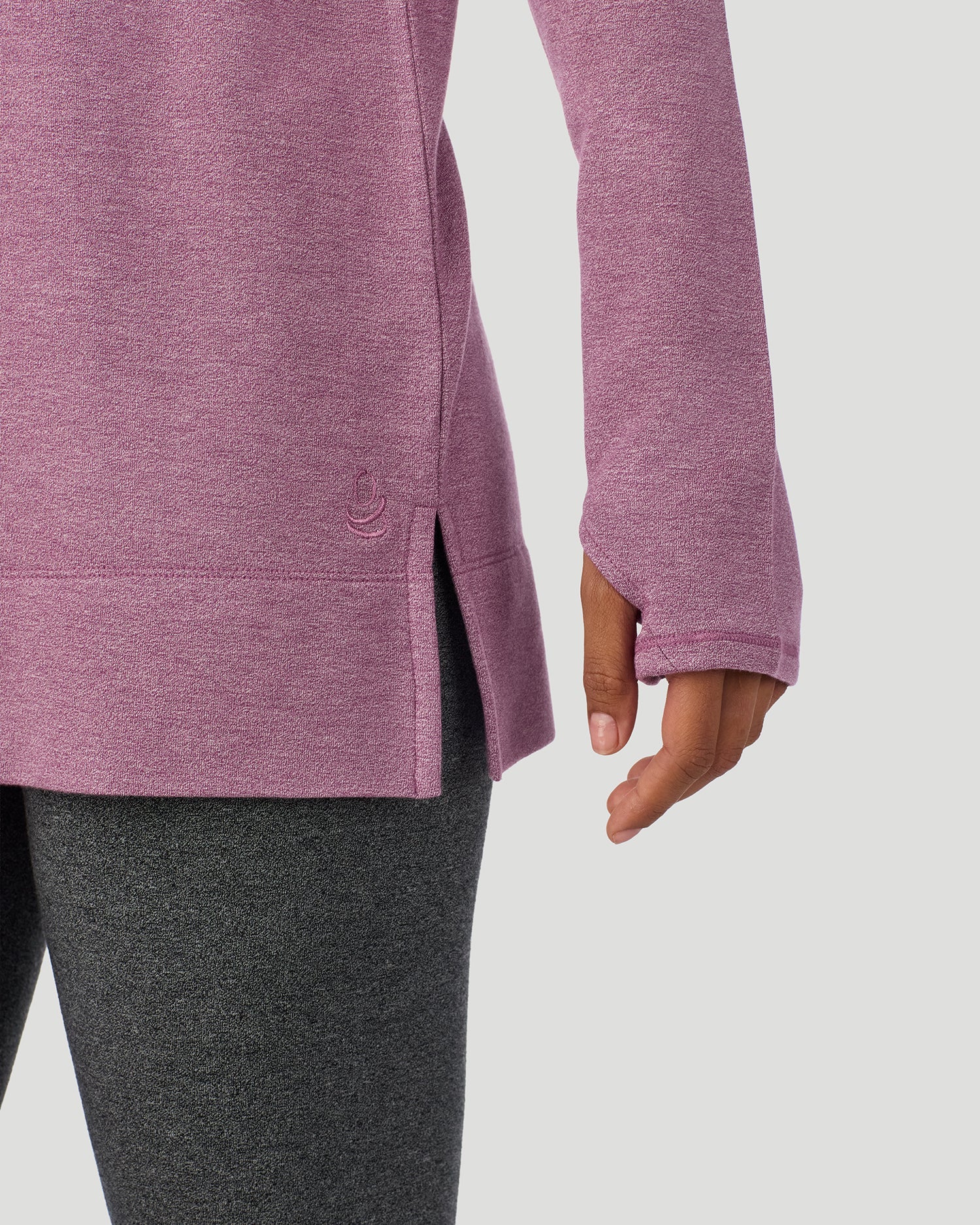  A Lady is wearing a Dark Amethyst Ultra Cozy Legging in a front view detail close up look