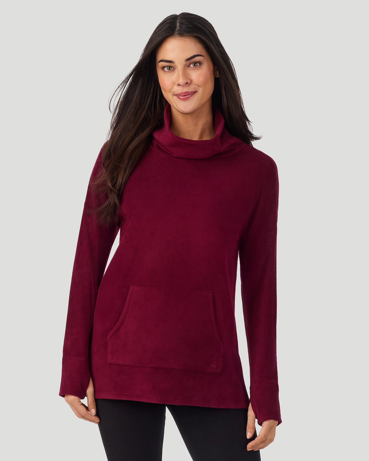 A lady wearing Fleecewear With Stretch Long Sleeve Tunic in Bordeaux