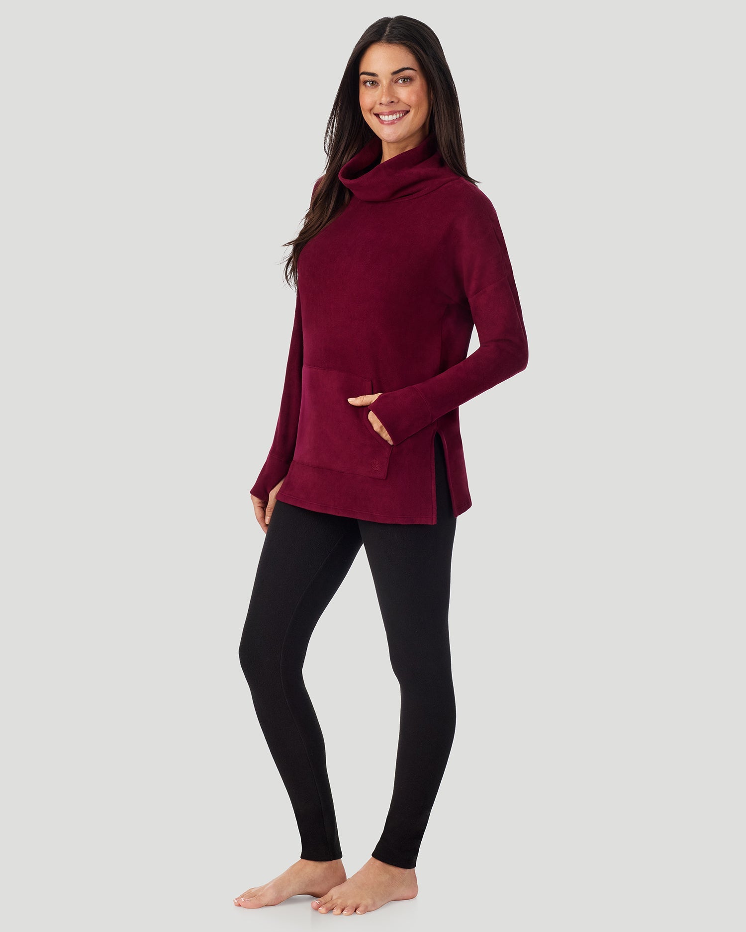 A lady wearing Fleecewear With Stretch Long Sleeve Tunic in Bordeaux
