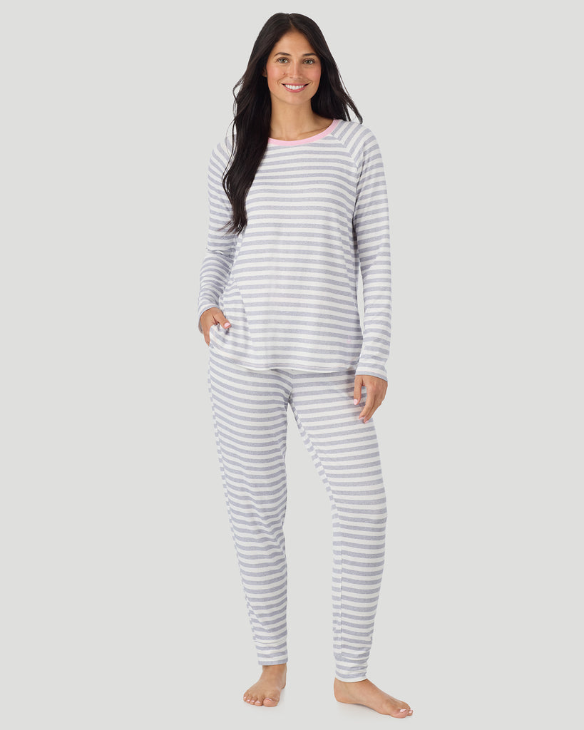  A lady wearing White + Grey Stripe Brushed Sweater Knit Long Sleeve Jogger Pajama Set in a front view pose