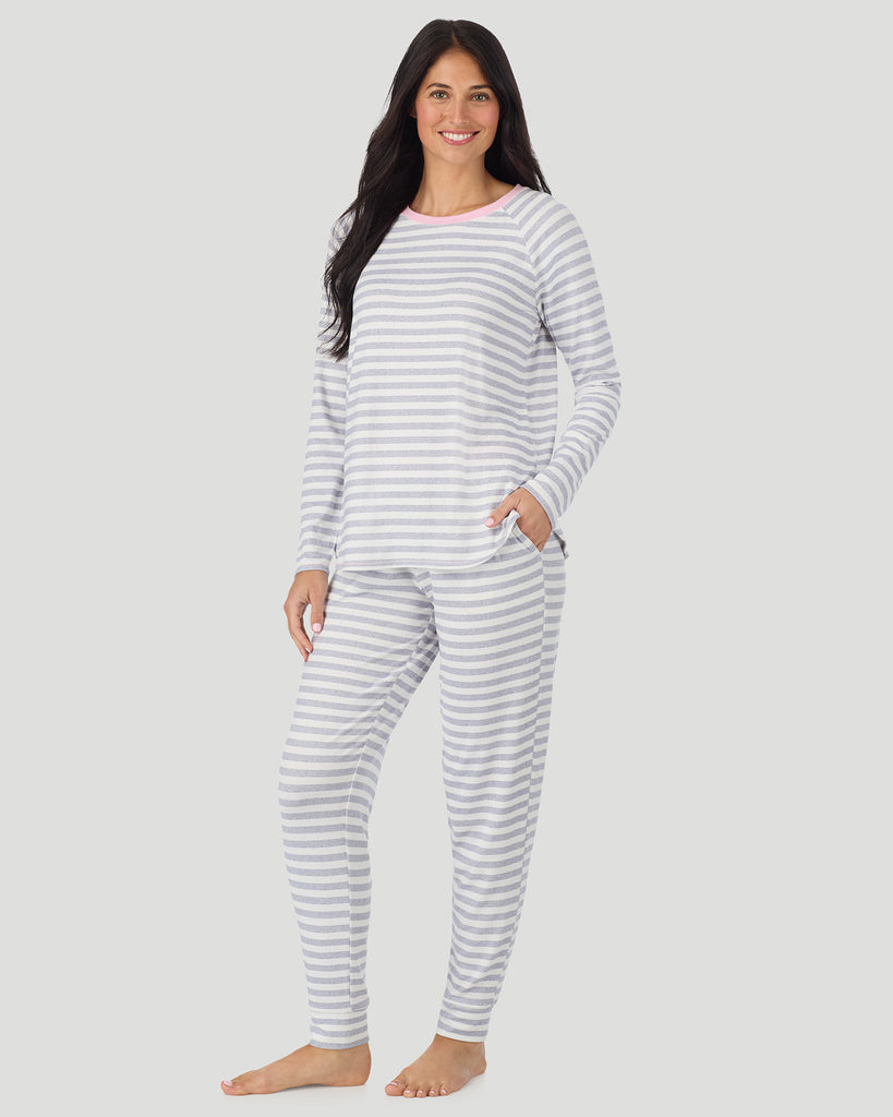  A lady wearing White + Grey Stripe Brushed Sweater Knit Long Sleeve Jogger Pajama Set in a front view standing pose