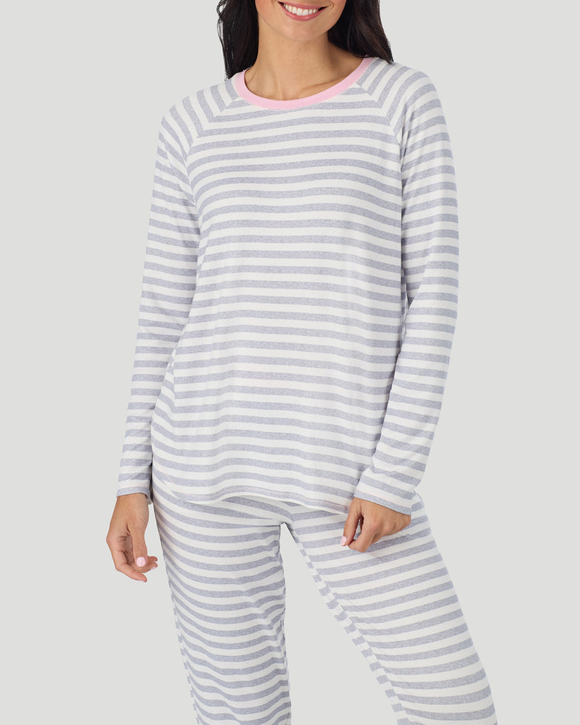  A lady wearing White + Grey Stripe Brushed Sweater Knit Long Sleeve Jogger Pajama Set in a front view medium closer look