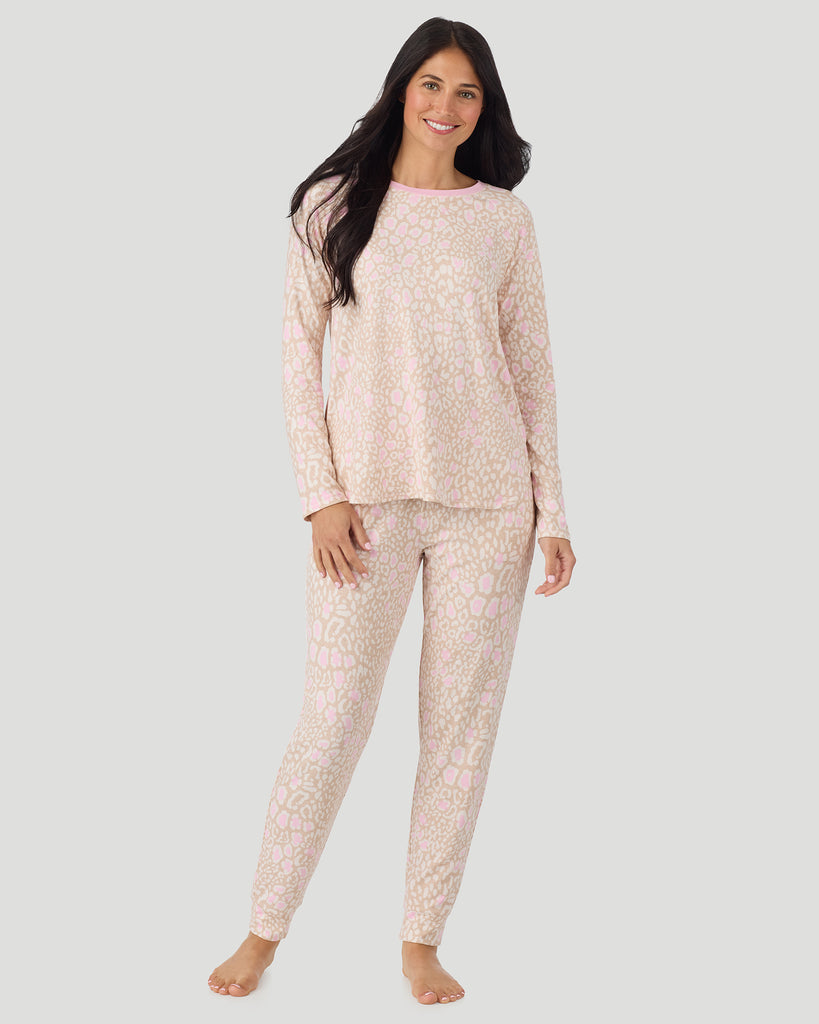  A lady wearing Oatmeal Animal Brushed Sweater Knit Long Sleeve Jogger Pajama Set in a front view pose