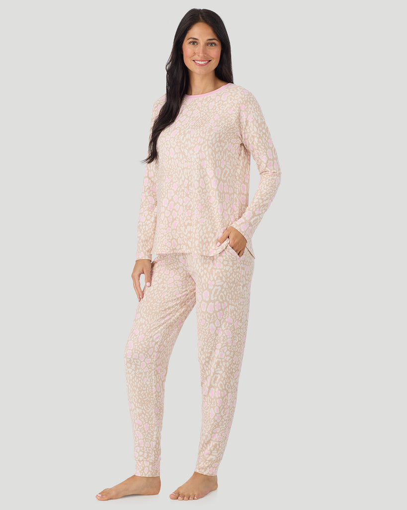  A lady wearing Oatmeal Animal Brushed Sweater Knit Long Sleeve Jogger Pajama Set in a front view side angle pose