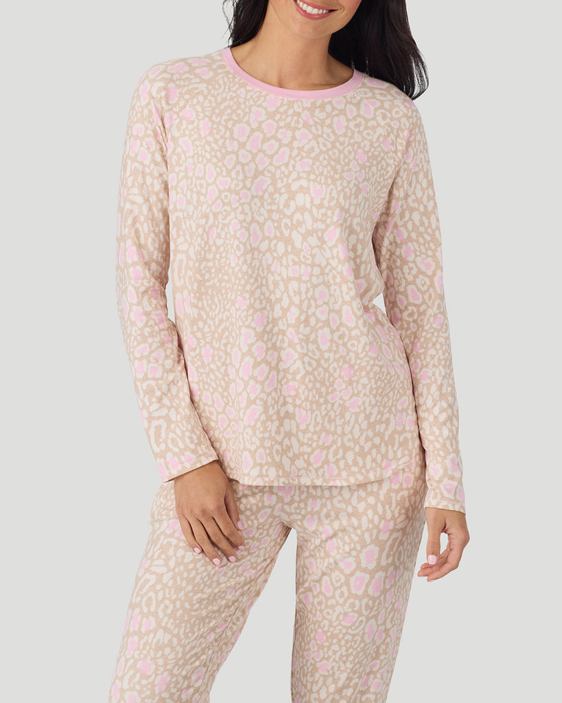  A lady wearing Oatmeal Animal Brushed Sweater Knit Long Sleeve Jogger Pajama Set in a front view closer look