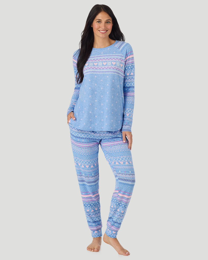  A lady wearing Peri Blue Heart Fairisle Brushed Sweater Knit Long Sleeve Jogger Pajama Set in a front view pose