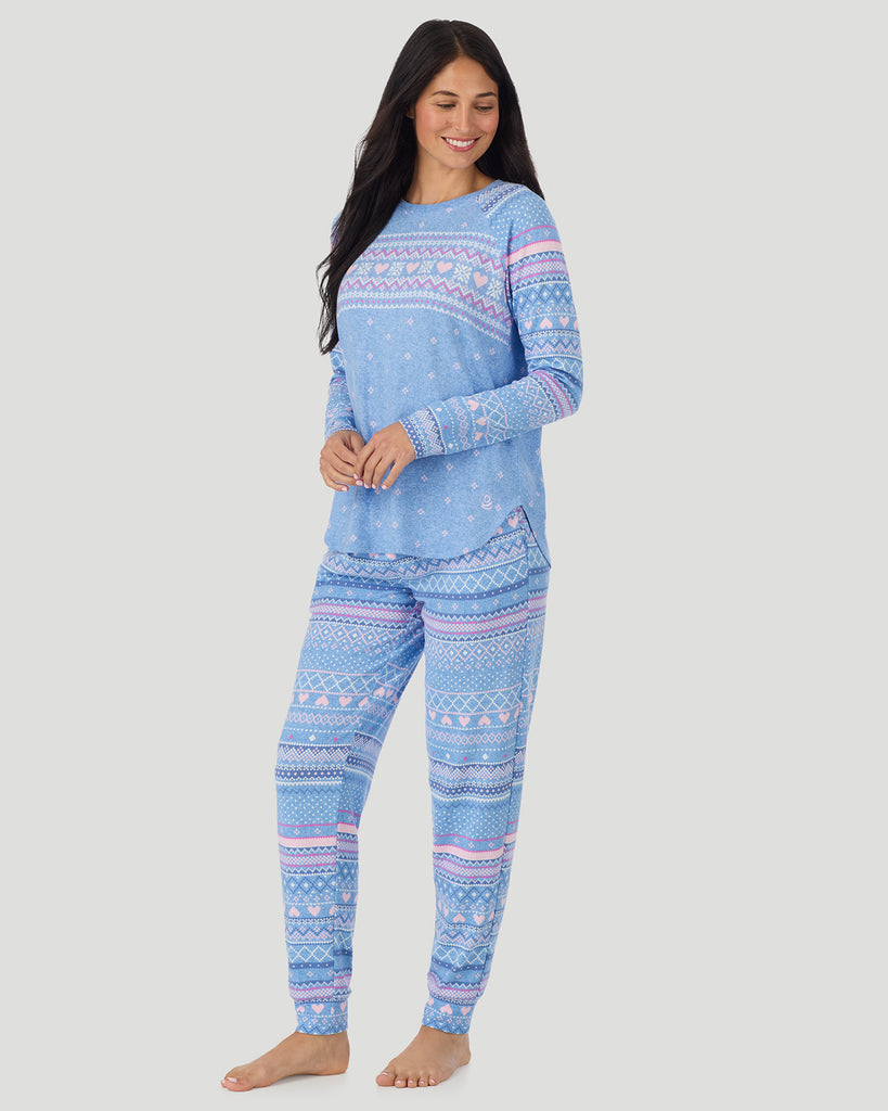  A lady wearing Peri Blue Heart Fairisle Brushed Sweater Knit Long Sleeve Jogger Pajama Set in a front view standing pose