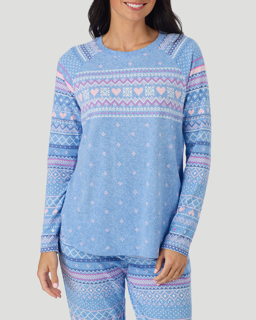  A lady wearing Peri Blue Heart Fairisle Brushed Sweater Knit Long Sleeve Jogger Pajama Set in a front view closer look