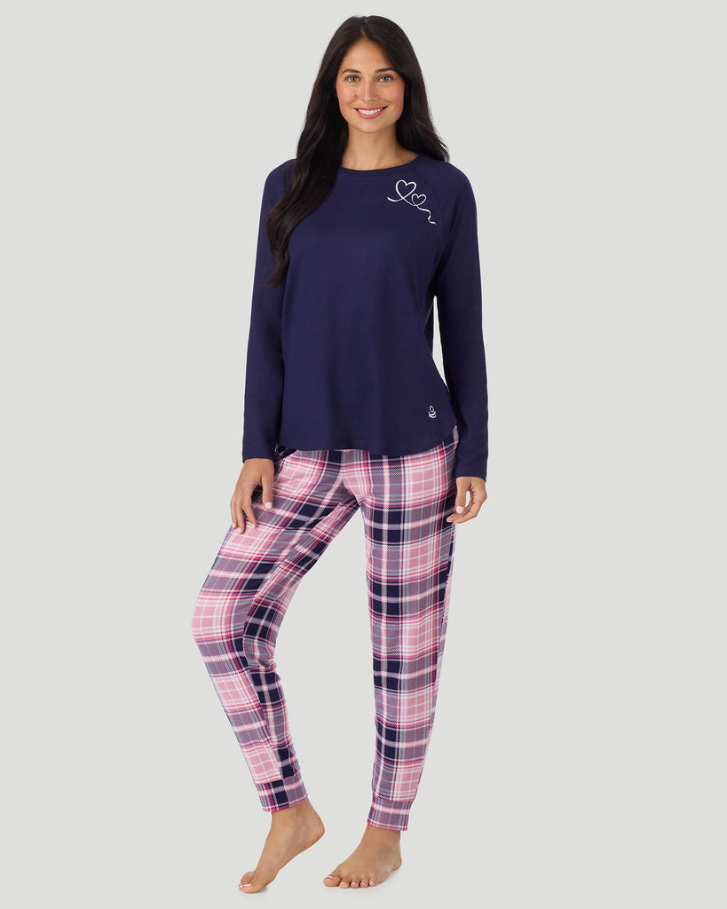  A lady wearing Heart Pink Plaid Brushed Sweater Knit Long Sleeve Jogger Pajama Set in a front view standing pose