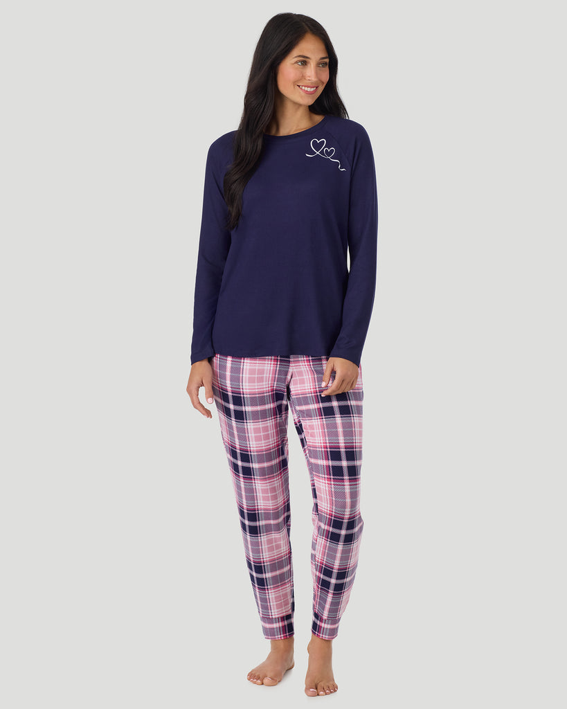  A lady wearing Heart Pink Plaid Brushed Sweater Knit Long Sleeve Jogger Pajama Set in a front view pose