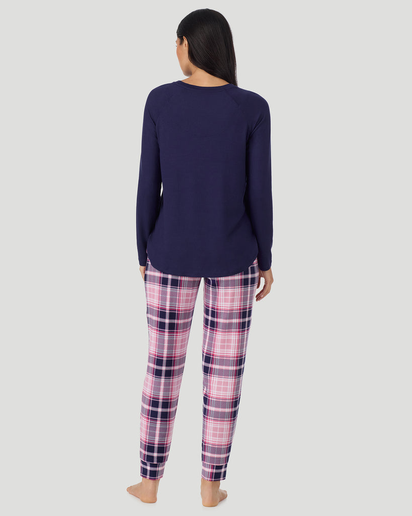  A lady wearing Heart Pink Plaid Brushed Sweater Knit Long Sleeve Jogger Pajama Set in a back view pose