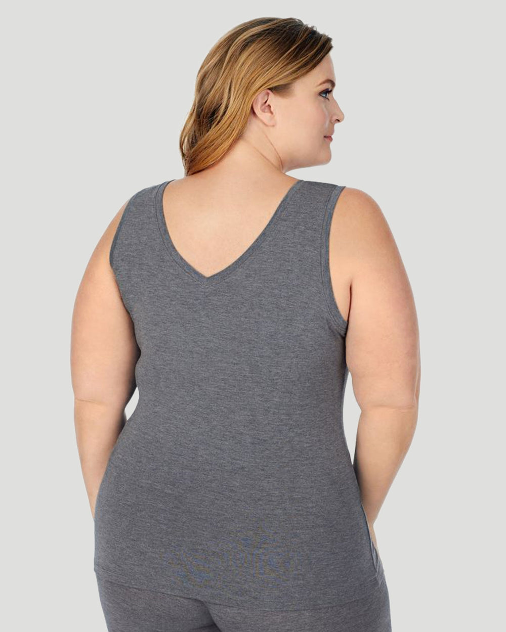A lady wearing Softwear With Stretch Reversible Tank PLUS in Charcoal Heather back view back view