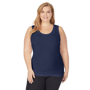 A lady wearing Softwear With Stretch Reversible Tank PLUS in Navy Blazer  