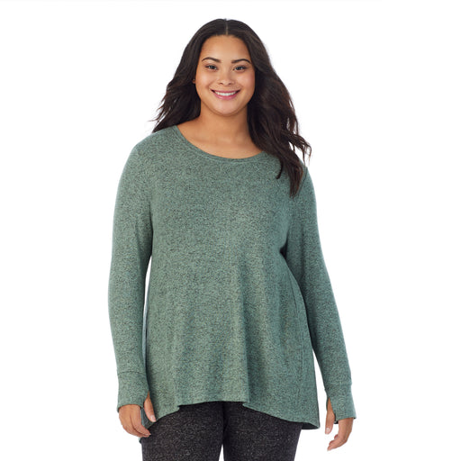  Marled Soft Olive; Model is wearing size 1X. She is 5’11”, Bust 36”, Waist 36.5”, Hips 47.5”. @A lady wearing a Marled Soft Olive long sleeve tunic plus