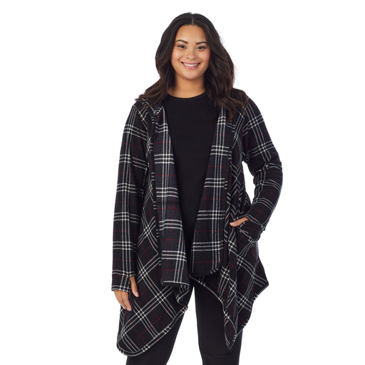 Black Plaid;Model is wearing size 1X. She is 5’11”, Bust 36”, Waist 36.5”, Hips 47.5”.@A lady wearing black plaid fleecewear with stretch long sleeve hooded wrap plus.