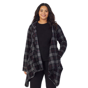 A lady wearing black plaid fleecewear with stretch long sleeve hooded wrap plus.