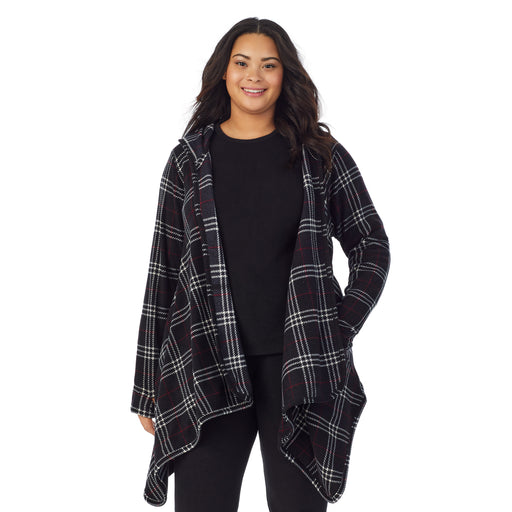 Black Plaid;Model is wearing size 1X. She is 5’11”, Bust 36”, Waist 36.5”, Hips 47.5”.@A lady wearing black plaid fleecewear with stretch long sleeve hooded wrap plus.