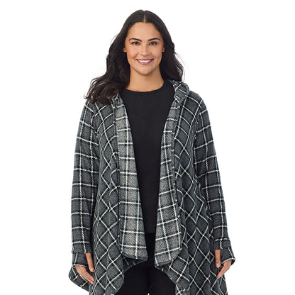 Grey Black Plaid; Model is wearing size 1X. She is 5'10", Bust 40", Waist 33", Hips 47"@ A Lady is wearing Grey Black Plaid Fleecewear With Stretch Long Sleeve Hooded Wrap-up PLUS