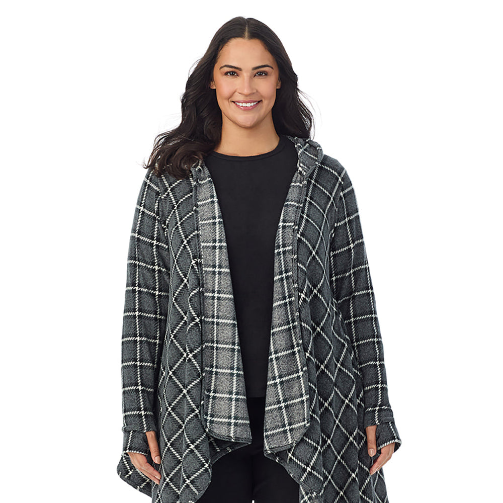 A Lady is wearing Grey Black Plaid Fleecewear With Stretch Long Sleeve Hooded Wrap-up PLUS