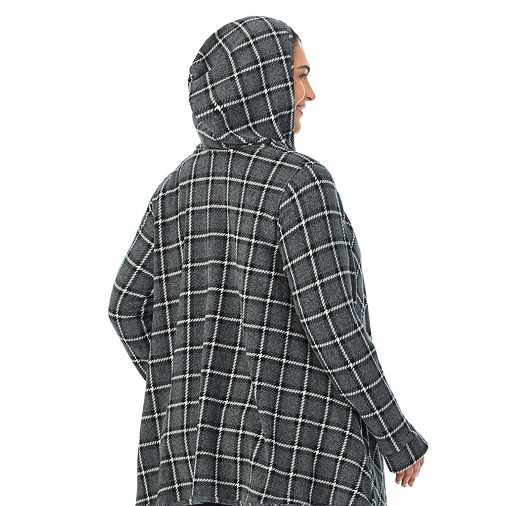 Grey Black Plaid; Model is wearing size 1X. She is 5'10", Bust 40", Waist 33", Hips 47"@ A Lady is wearing Grey Black Plaid Fleecewear With Stretch Long Sleeve Hooded Wrap-up PLUS