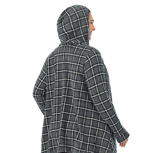  A Lady is wearing Grey Black Plaid Fleecewear With Stretch Long Sleeve Hooded Wrap-up PLUS