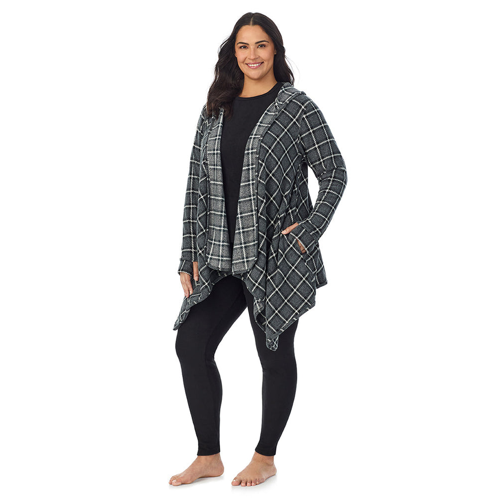 A Lady is wearing Grey Black Plaid Fleecewear With Stretch Long Sleeve Hooded Wrap-up PLUS